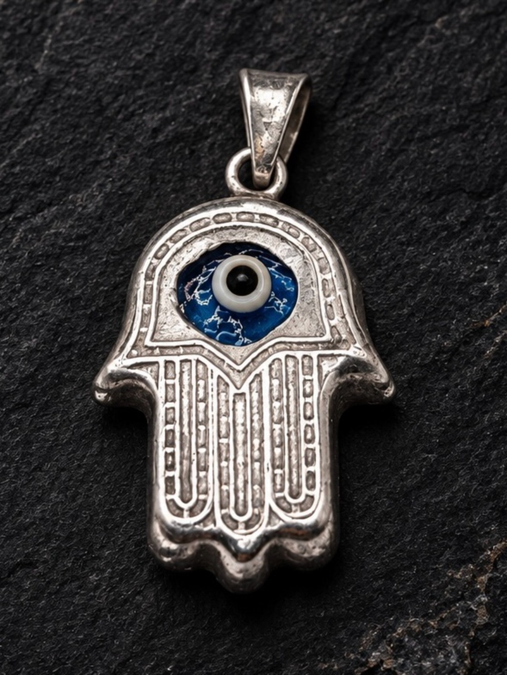 Sterling Silver Hamsa Hand Pendant with Blue Evil Eye